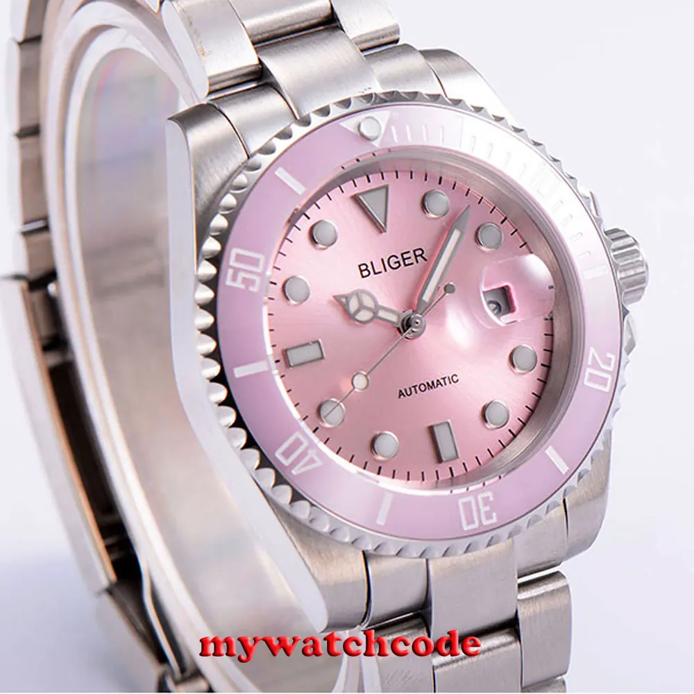 40 мм розовый циферблат винтажный сапфировый кристалл автоматический механизм