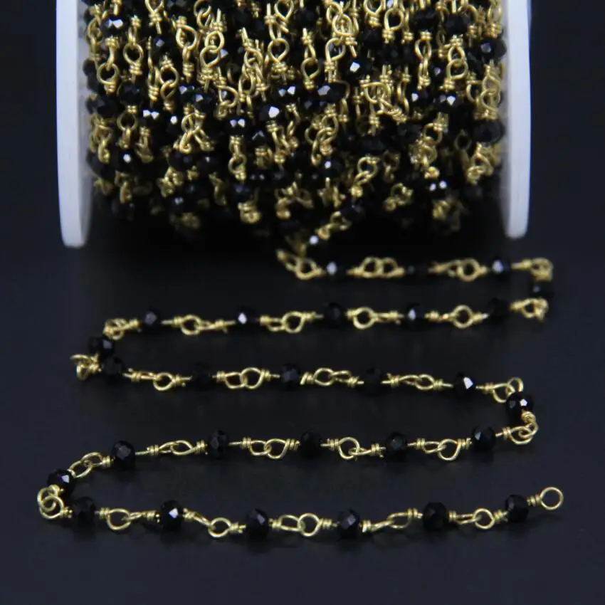 Tiny Beads Black Glass Quartz Faceted Rondelle Beaded Chain Jewelry Plated Gold Wire Wrapped Link Craft Necklace Supply 2x3mm | Украшения и
