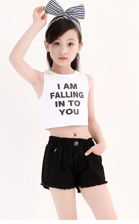 Crop Shorts 2pcs Детские топы на бретелях с надписью, леггинсы, комплект из двух предметов для девочек, летняя стильная одежда в стиле хип-хоп для девочек-подростков, 10, 12, 14, 16, 18 лет - Цвет: Crop Shorts 2pcs