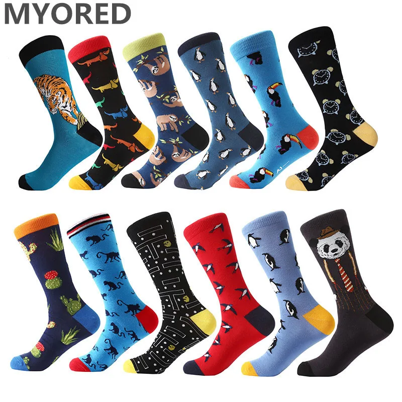 MYORED 12 пар/лот мужские носки из чесаного хлопка с мультяшным животным тигром harajuku