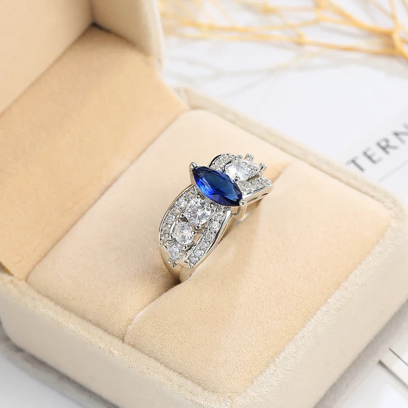 New Hot Fashion Luxury Dazzling Royal Blue Horse Eye Multi-drilled Shine Zircon Ring For Women Wedding Engagement Rings Gifts | Украшения и