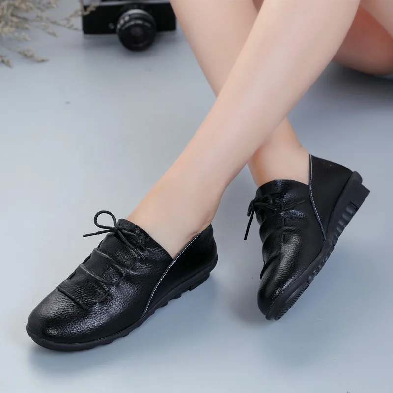 Женская обувь; Новое поступление года; сезон весна; плиссированные туфли на плоской подошве из натуральной кожи со шнуровкой; женские офисные вечерние туфли; tenis feminino - Цвет: Черный