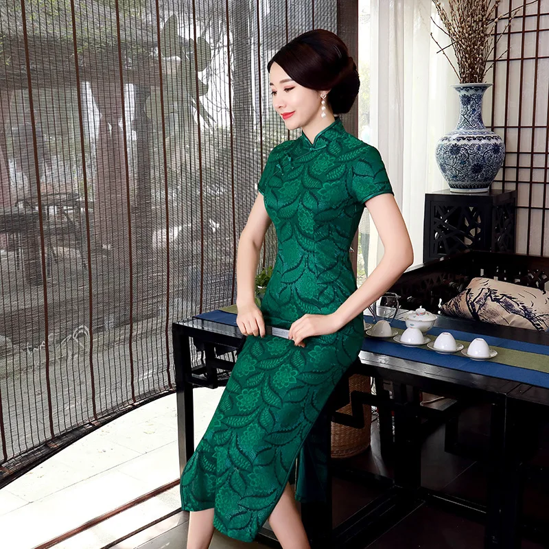 

Sexy Women Lace Long Handmade Button Dress Silm Qipao Chinese Traditional Women Cheongsam Vintage Evening Party Formal Dress