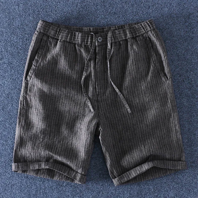 Dark Grey Schinteon чистые льняные полосатые шорты мужские летние пляжные эластичные Повседневные Удобные шорты на шнурке - Цвет: Dark Grey