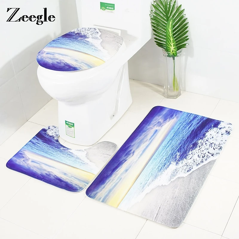 

Zeegle Wave Printed Bathroom Carpet Flannel Cover Toilet Bath Mats Set Non-slip Bathroom Mat Toilet Rugs Shower Room Rug