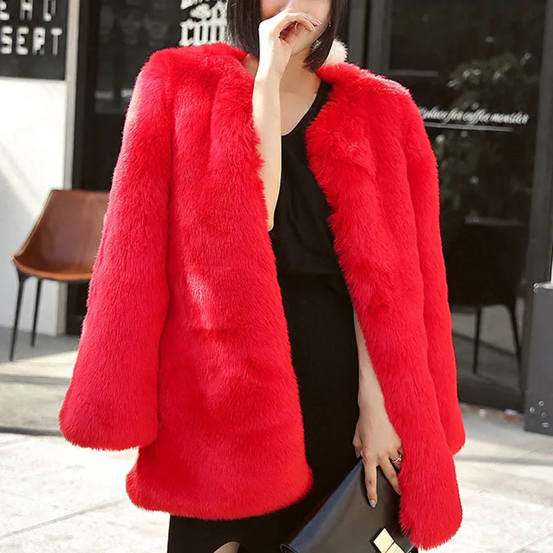 Red Женское пальто с мехом, розовый, зеленый, черный, 6 цветов, S-4XL, большие размеры, куртка из искусственного меха кролика, осенне-зимняя модная свободная теплая одежда CX979 - Цвет: Red