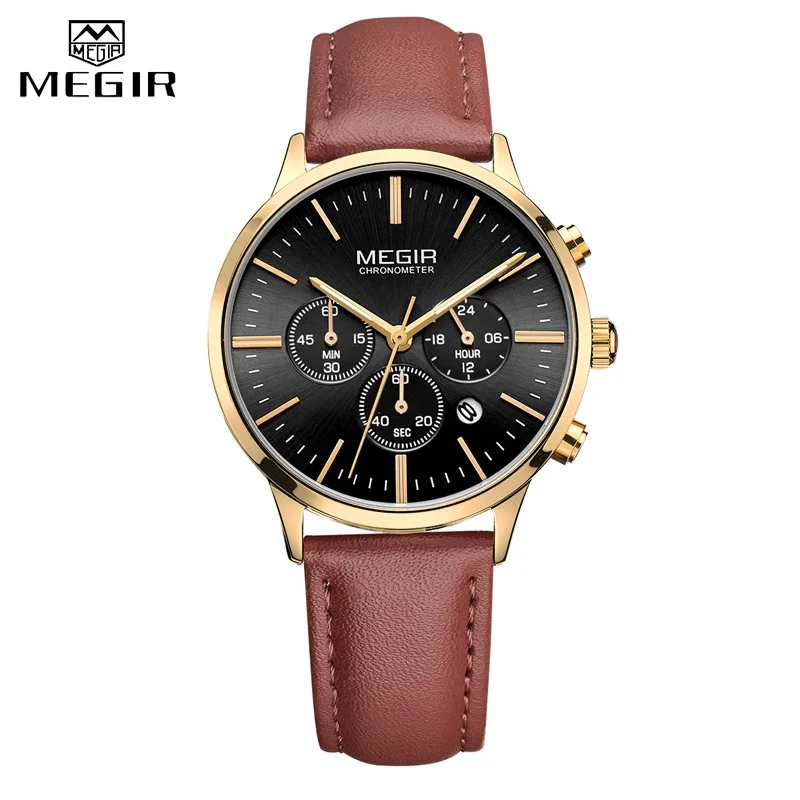 Coffee Gold Black MEGIR Роскошные женские кварцевые часы Топ бренд дамы хронограф ультра тонкие часы леди водонепроницаемый браслет наручные часы для женщин - Цвет: Coffee Gold Black