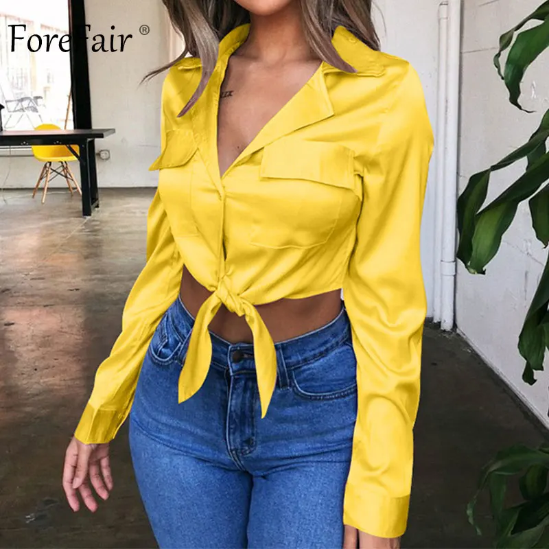 Женская атласная шелковая блузка на шнуровке Forefair укороченный топ с длинными