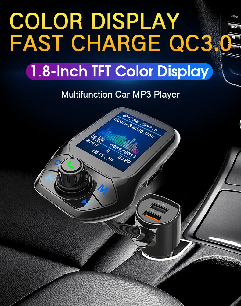 Цветной большой экран 1,8 дюймов Автомобильный mp3 U диск/TF карта музыкальный плеер Bluetooth приемник fm-передатчик QC3.0 Быстрая зарядка для автомобиля