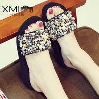 new fashion summer women home slippers outdoor string bead high heeled word dragging days pearl wedges beach wedding shoes
