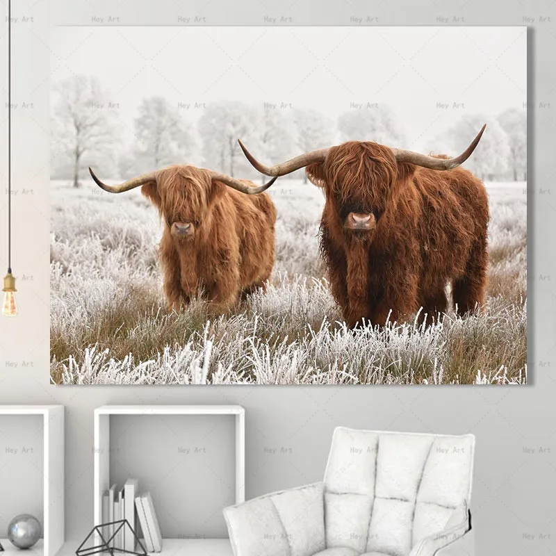 Современный домашний декор, картина с принтом Highland Cow, Картина на холсте, художественная работа для стен, гостиной, без рамы, принты