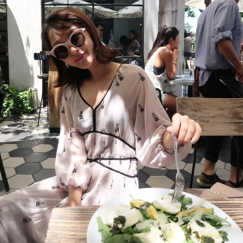 Лето 2017 г. женские платье Элегантный V шеи три четверти рукав шифон Свадебные