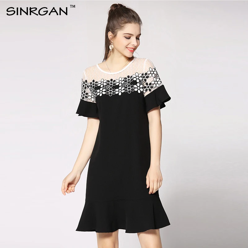 SINRGAN черный цветок кружева сетки женщин платье О образным вырезом Повседневные