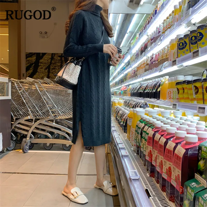 RUGOD Новый Водолазка женское платье с длинным рукавом Soild миди Модная элегантная
