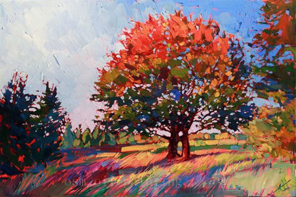 Hand-painted Modern Abstract Landscape Oil Painting on Canvas Wall Artwork Handmade Colorful Autumn Tree Painting for Home Decor
