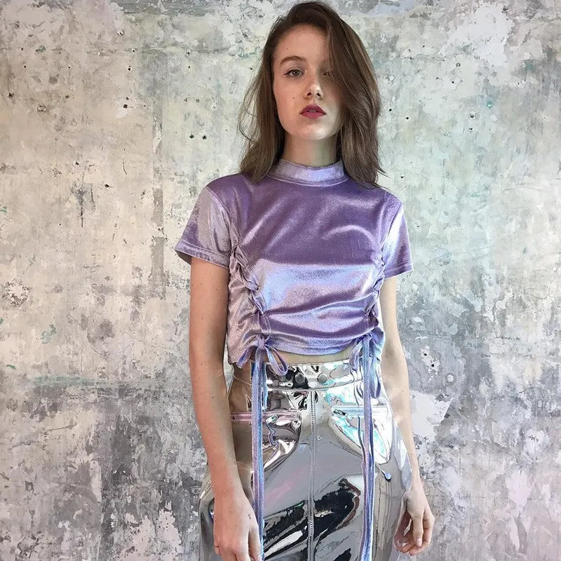 Женская фиолетовая бархатная футболка со стоячим воротником укороченный топ на
