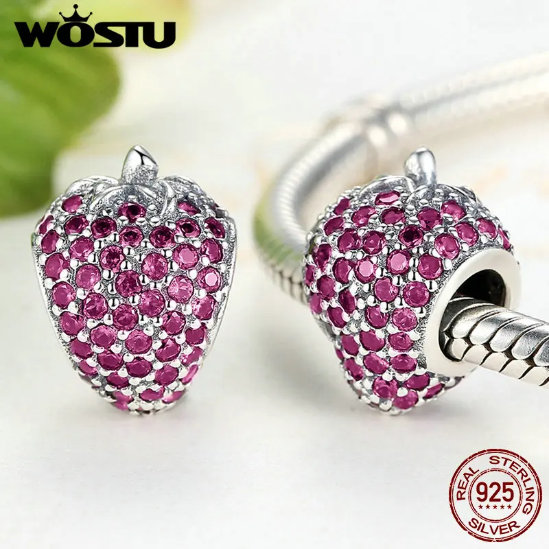 Лидер продаж реальные 925 стерлингового серебра клубника Шарм Бусины Красный CZ