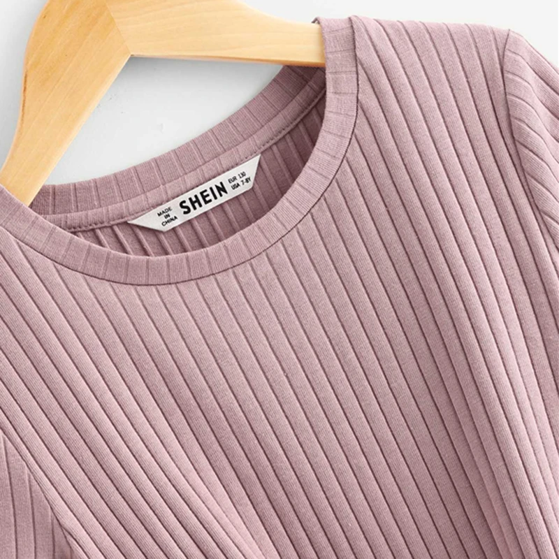 SHEIN/детская розовая однотонная Повседневная футболка в рубчик с бантом для девочек, топы для подростков, г. Летняя модная Милая Детская футболка с короткими рукавами