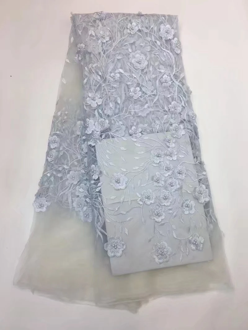 Белый цвет африканский тюль Кружево Ткань 3D с вышитыми цветами в нигерийском