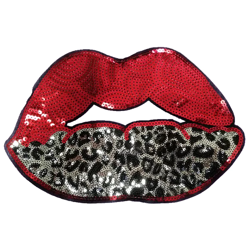 

New Arrival Large Leopard Print Lips Patches for Clothes Iron on Sequins Patch DIY Decoration Mouth Sequined Applique
