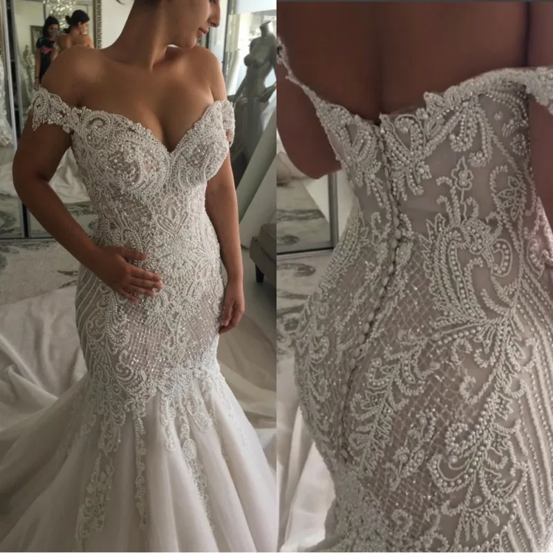 Шампанское Роскошный покроя Русалка с бисером кружева свадебные платья robe de mariee развертки поезд с плеча свадебные платья ручной работы платье невесты - Цвет: Шампанское