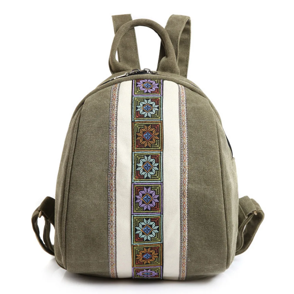 Армейский зеленый Винтажный женский рюкзак Boho с простой вышивкой, холщовые рюкзаки, мини Школьный рюкзак, дорожная пляжная сумка на плечо - Цвет: Армейский зеленый