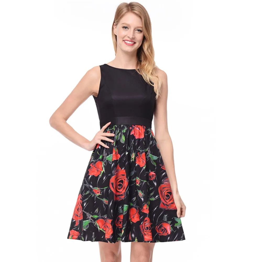2018 spring and summer new women's color contrast bow tie belt print dress sleeveless big swing sale | Женская одежда