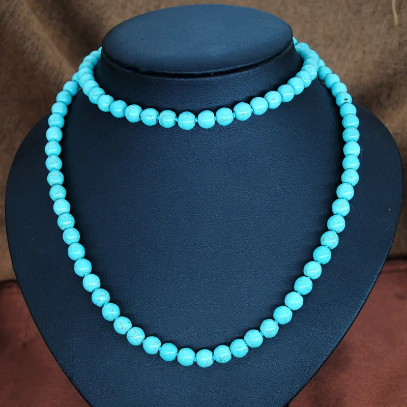 Этническая ручная узелковая цепочка для свитера белая голубая каменная бусина