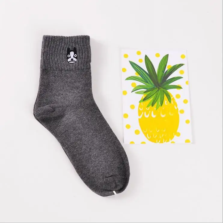 Gray D 1 Pair Women Fashion Embroidery Dog Patterns Cotton Winter Socks Cute Cartoon Pug Bulldog Sock Female Animal Short Socks - Цвет: Gray D