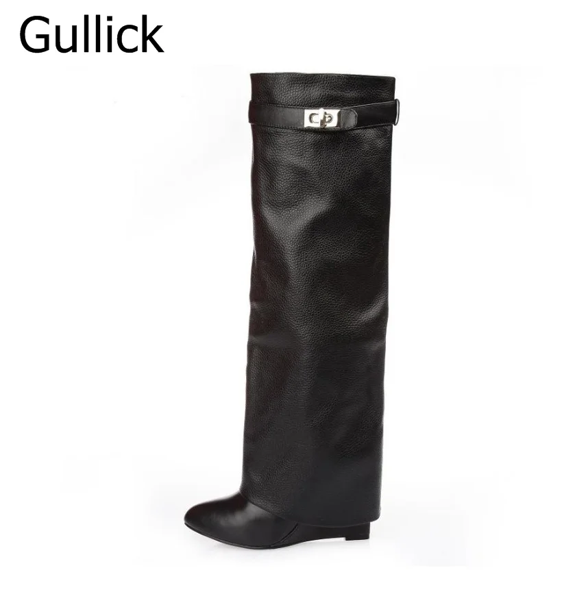 

Fashion Spring Winter Solid Black Branded Design Shark Fold Leather Wedge Women Over The Knee Boots High Quality Drop Ship