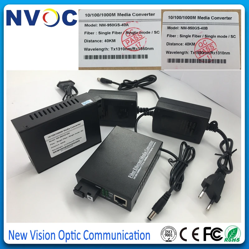 40KM Fiber Media Converter 10/100/1000M SM Single 1310TX/1550RX SC port and 1RJ45 External Power Supply Euro Charger | Мобильные