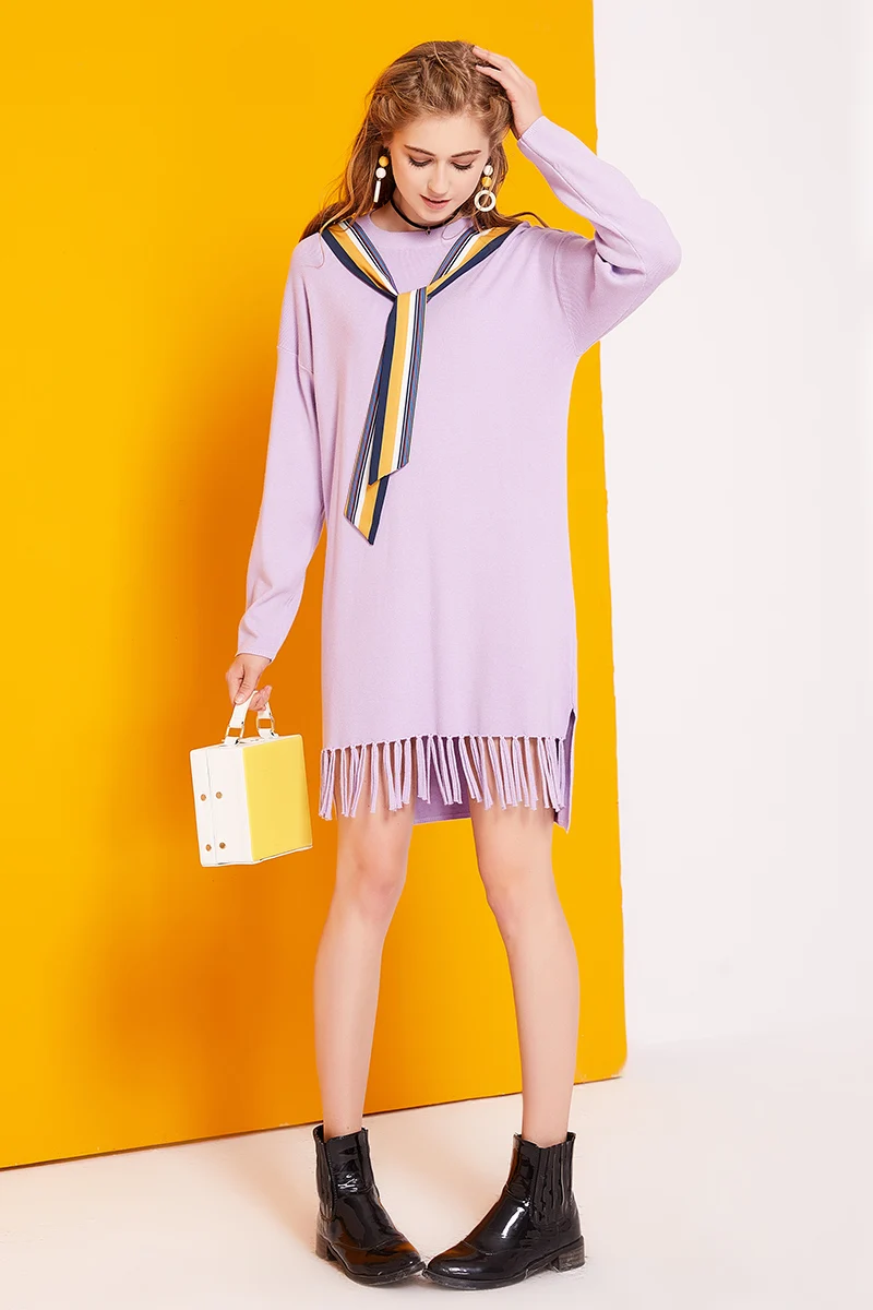 2017 осеннее Новое Женское фиолетовое платье с длинными рукавами свободное зимнее