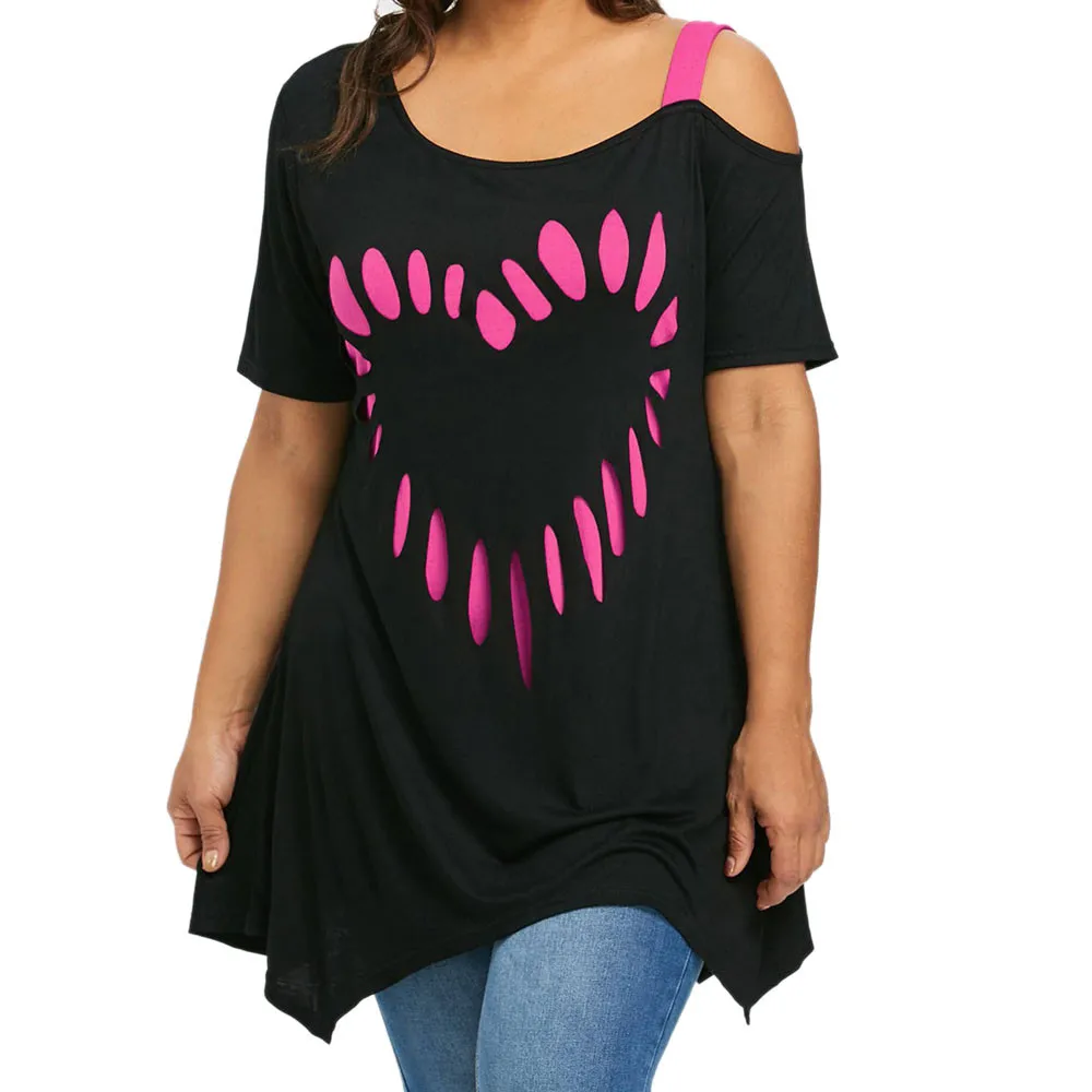Hot Pink Летние женские топы и блузки размера плюс 5XL, туника с сердечком, асимметричные футболки, одежда с открытыми плечами, Женский Топ mujer de moda - Цвет: Hot Pink