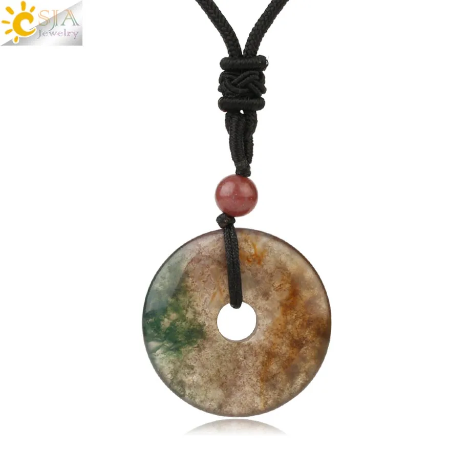 Moss Agate Csja натуральные драгоценные камни подвеска-пончик ожерелья для девочек рейки розовый кристалл тигровый глаз зеленый авантюрин мох Агаты для мужчин веревка S458 - Окраска металла: Moss Agate