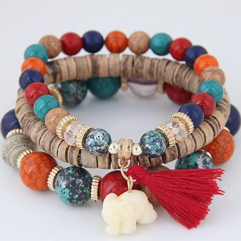 3PC/Set Bohemian Beads Bracelet for Women Elephant Tassel Charms Wood Bracelets&ampBangles Boho Vintage Elastic Pulseira Feminina |