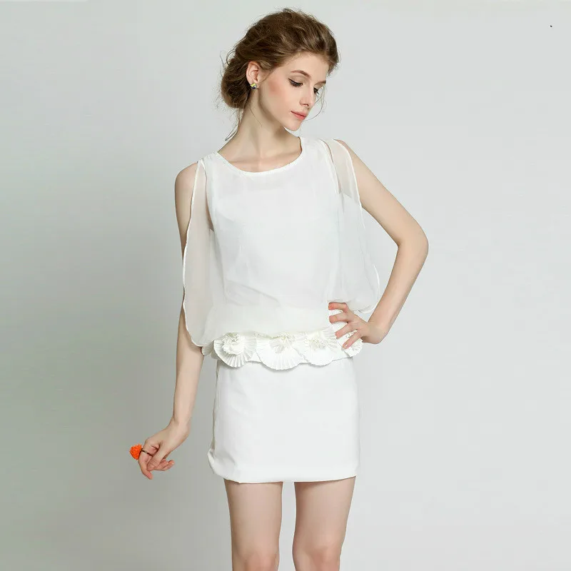 

2019 Summer Solid OL Work Office Dresses Women White O-neck Sleeveless Mini Wrap Dress Casual Chiffon Dress Ladies Vestidos