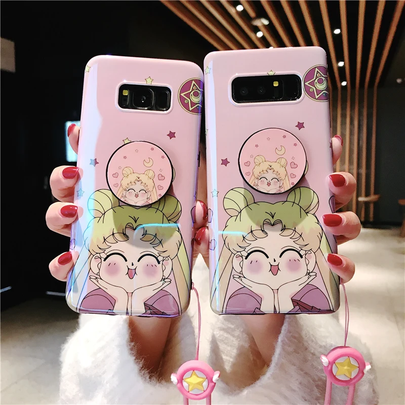 for Samsung S9 plus Cute pink Sailor moon soft Case For S8 S8plus note8 note9 S7 edge back cover + stander +strap |