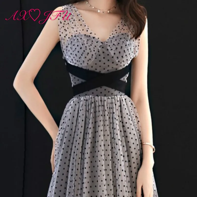 

AXJFU princess black and white Wave point lace evening dress luxury vintage v neck black sashes a line bow evening dress
