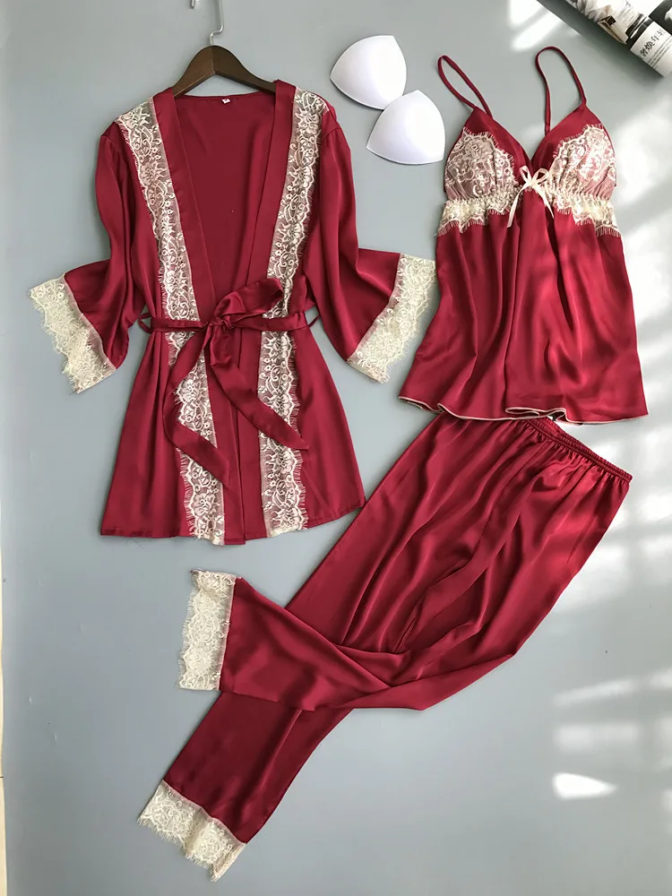 Новое поступление осень зима шелковые пижамы женский сексуальный кружевной
