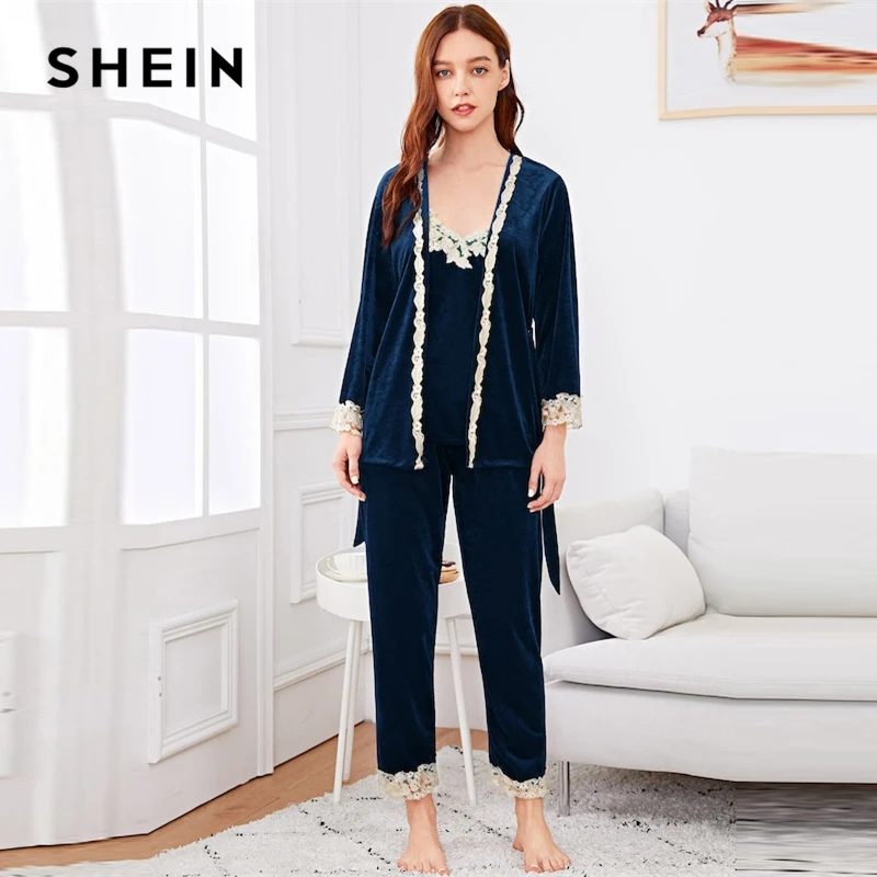 SHEIN Комплект Пижамы Из 3 Предметов Пижама С Кружевной Контрастной
