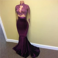 velvet 2019 dresses formal gowns high neck vestidos de festa purple beaded gowns applique elegant dress long sleeves
