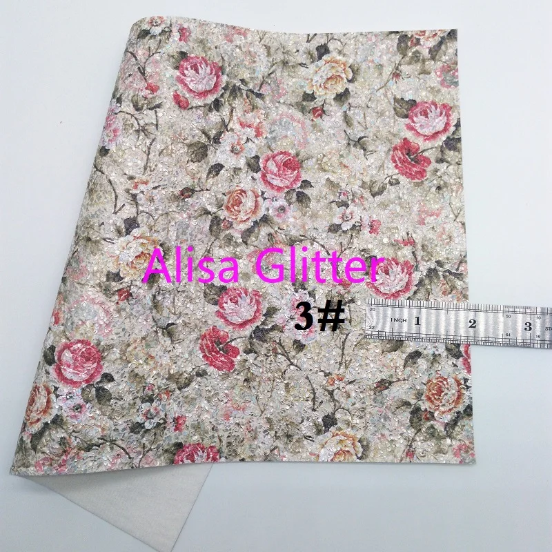 1PCS A4 SIZE 21X29cm Alisa Glitter Flowers Printed Faux Leather Fabric, Synthetic Leather Gold Glitter Fabric for Bow DIY G16G