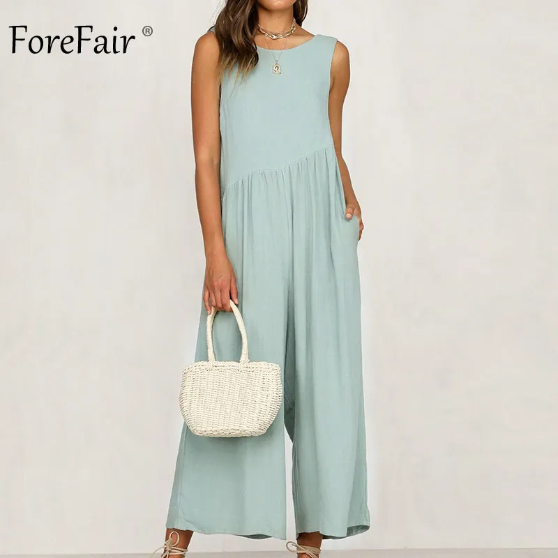 Forefair летний льняной комбинезон с открытой спиной для женщин широкие брюки элегантные с открытыми плечами без рукавов повседневные сексуальные комбинезоны для женщин