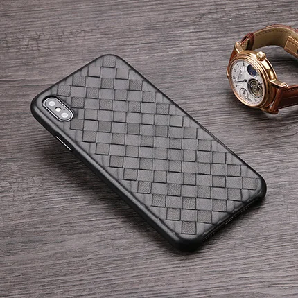 Черный 6 цветов для iPhone X XR XS Max настоящий натуральный Овчина натуральная кожа чехол для телефона овчина задняя крышка крест ткачество металлическая кнопка - Цвет: Черный