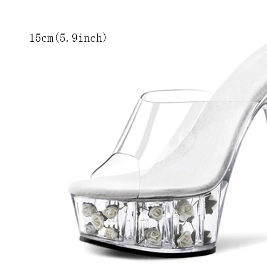 white 15cm slipper Стеклянные тапочки туфли-лодочки с цветком Большие размеры сандалии красивая женская обувь прозрачный ремешок каблуки большой perspex stiletto slides платформа высокие розовые - Цвет: white 15cm slipper