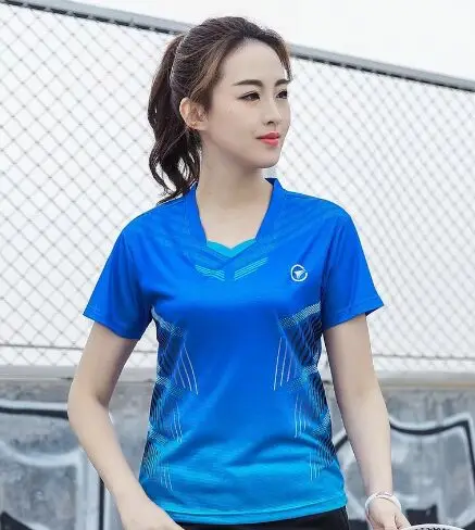 Women Blue Shirt Детская/Женская/Мужская теннисная рубашка, футболка для бадминтона, черные молодежные комплекты, настольные теннисные шорты, семейные универсальная мужская Спортивная футболка униформы - Цвет: Women Blue Shirt