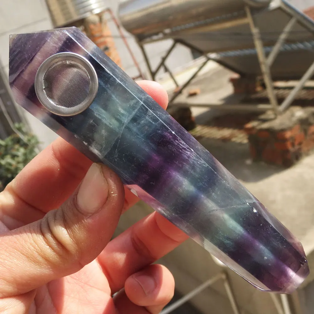 

100~140g High Quality 100% Natural Green Purple Fluorite Crystal Smoking Pipe Cigarette Holder Reiki Healing Treatment