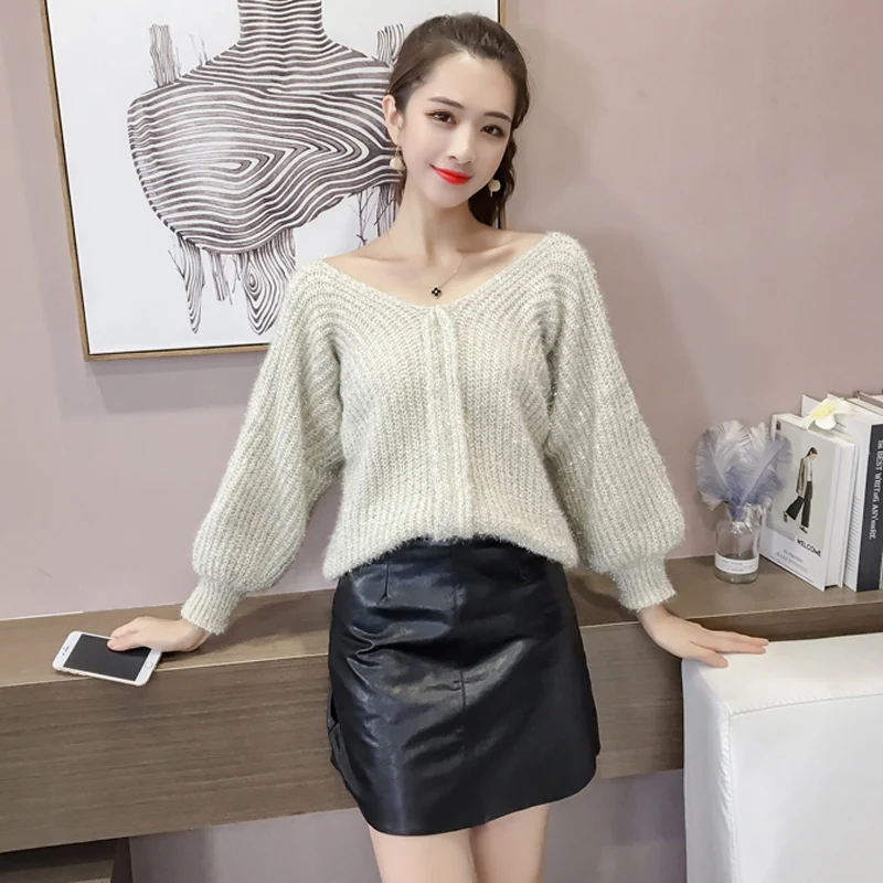 QoerliN Sexy V-Neck Sweater Winter Women Lantern Long Sleeve Pullover Lurex Loose Casual Knitting Jumper Girl Autumn New Arrival | Женская