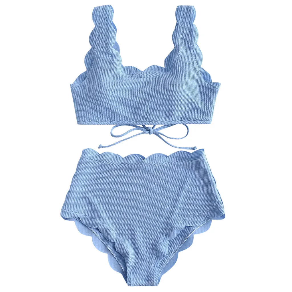 Women Scalloped Textured High Waisted Bikini Set Solid Two Pieces Beach Summer Elastic Underwear | Женская одежда
