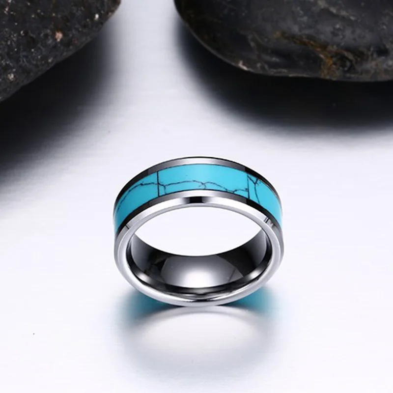 8mm Classic Simple Design Tungsten Rings Men Blue Turquoises Natural Stone For Male Charm Party anillos mujer | Украшения и